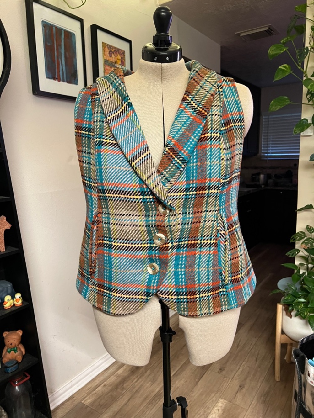 Plaid Sleeveless Vest  in Teal, Brown and Cream